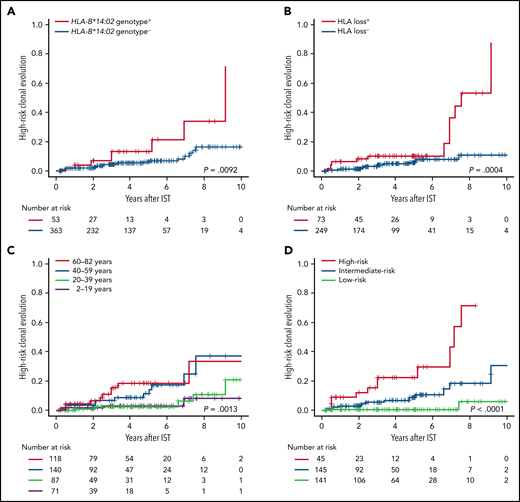 High-risk clonal evolution. Cumulative incidence of high-risk clonal evolution, defined as the acquisition of either chromosome 7 abnormalities, complex cytogenetics, myelodysplastic syndrome, or AML after institution of hATG-based IST, are shown according to the presence or absence of HLA-B*14:02 genotype (A), the presence or absence of HLA loss (B), age groups (C), and 3 risk groups of the prediction model for high-risk clonal evolution incorporating HLA-B*14:02 genotype, HLA loss, and age (D): a high-risk group, any HLA risk (HLA-B*14:02 genotype or HLA loss) present and aged 40 years or older; a low-risk group, no HLA risk present and aged less than 40 years; and an intermediate-risk group, not meeting the criteria for groups of high-risk nor low-risk.