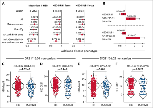 Binomial logistic regression analysis predicting the association between class II HED scores and IAA phenotypes. (A) Forest plots showing the results of the binomial logistic regression analysis predicting the likelihood for class II and locus-specific HED scores of being associated with an IAA “immune-enriched” phenotype. All (n = 263); IAA responders (n = 141); IAA >20 years (n = 216); IAA with PNH clones (n = 135); IAA >20 years with PNH clone and responders (n = 59). (B) Multivariable logistic regression analysis testing the independent effect of HED and risk alleles on idiopathic BMF phenotype. The length of the bars indicates the OR; the error bars show the 95% CI, the numbers on the bars depict the P values resulting from the likelihood ratio test. Two distinct models are built for DRB1 and DQB1 locus. (C) Violin plots representing the mean class II HED distribution across healthy controls and IAA patients not carrying DRB1*15:01. Wilcoxon signed-rank test was used to calculate the P value. (D) Violin plots representing the DRB1 HED distribution across HCs and IAA patients not carrying DRB1*15:01. Wilcoxon signed-rank test was used to calculate the P value. (E) Violin plots representing the mean class II HED distribution across HCs and IAA patients not carrying DQB1*06:02. Wilcoxon signed-rank test was used to calculate the P value. (F) Violin plots representing the DQB1 HED distribution across HCs and IAA patients not carrying DQB1*06:02. Wilcoxon signed-rank test was used to calculate the P value. Comment on Figure 3C-F: Here, our intention was to clarify whether the pattern of lower class II HED seen in IAA/PNH patients was related only to the enrichment in certain risk alleles (such as DRB1*15:01 or DQB1*06:02) or could instead uncover a broader immunogenetic aspect encompassing risk allele profiles. We therefore analyzed HED class II configurations in patients vs controls not carrying those risk alleles and showed that their scores were lower than controls, as a result of higher structural similarity between 2 DRB1 and DQB1 alleles in patients, regardless of the presence of risk genotypes.