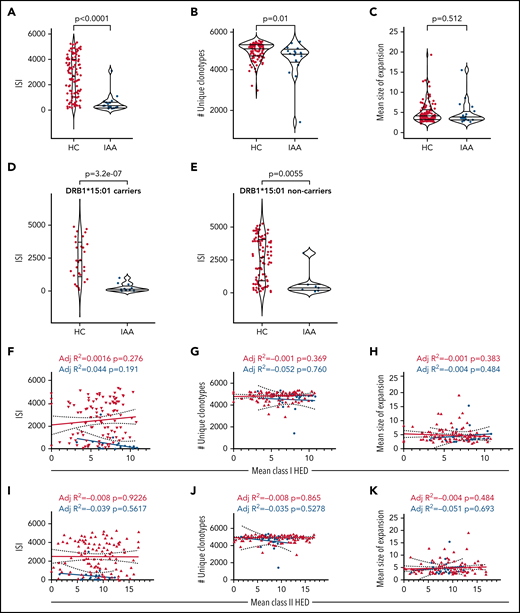 T-cell receptor analysis in IAA patients. (A) ISI distribution in HC and IAA patients (downsampled dataset). Violin plots showing median and interquartile ranges. Wilcoxon signed-rank test. (B) Number of unique clonotypes in HC and IAA patients (downsampled dataset). Violin plots showing median and interquartile ranges. Wilcoxon signed-rank test. (C) Mean size of expansion of each clonotype of size ≥2 templates in HC and IAA patients (down-sampled dataset). Violin plots showing median and interquartile ranges. Wilcoxon signed-rank test. (D) ISI distribution in HC and IAA patients in DRB1*15:01 carriers (downsampled dataset). Violin plots showing median and interquartile ranges. Wilcoxon signed-rank test. (E) ISI distribution in HC and IAA patients in non-DRB1*15:01 carriers (downsampled dataset). Violin plots showing median and interquartile ranges. Wilcoxon signed-rank test. (F) Linear regression analysis between ISI and mean class I HED. (G) Linear regression analysis between the number of unique clonotypes and mean class I HED. (H) Linear regression analysis between the mean size of clonotype expansion and mean class I HED. (I) Linear regression analysis between ISI and mean class II HED. (J) Linear regression analysis between the number of unique clonotypes and mean class II HED. (K) Linear regression analysis between the mean size of clonotype expansion and mean class II HED. r2 goodness-of-fit are reported along with the P value in each box (F-K). (L) Proportion of known complementary determining region 3 (CDR3) specificities in IAA and HC groups (this distribution has been computed in the downsampled dataset). (M) Logarithm of mean frequency of autoreactive clonotypes present in HC and IAA patients. Violin plots showing median and interquartile ranges. Each dot represents the mean frequency/per subject (all the values refer to the nondownsampled dataset in order to capture all the possible recognizable CDR3 sequences). Wilcoxon signed-rank test. (N) Linear regression analysis between frequency of known autoreactive clonotypes in IAA patients and mean class II HED. Each dot represents 1 autoreactive clonotype. Clonotypes with overlapping frequencies are represented by the darkest dots (all the values refer to the nondownsampled dataset). Wilcoxon signed-rank test. R-squared goodness-of-fit are reported along with the P value. (O) Bubble matrix showing the mean frequency of each autoimmune disease-associated clonotype present in the nondownsampled repertoires of IAA and HCs. Each bubble represents the number of clonotypes with known autoimmune specificity (x-axis). The size of each bubble indicates the mean productive frequency (measure of clonal size). Wilcoxon signed-rank test is used to compare the mean frequencies of each specificity between IAA and HC groups. *****P < 10e-6; ****P < 10e-5; P < 10e-4; **P < .001; *P < .01. aa, amino acid; ISI, Inverse Simpson index; ns, nonsignificant.