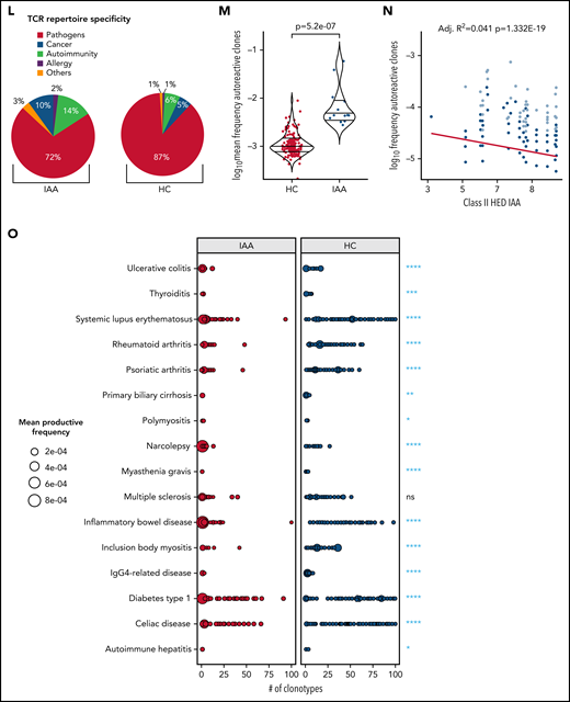 T-cell receptor analysis in IAA patients. (A) ISI distribution in HC and IAA patients (downsampled dataset). Violin plots showing median and interquartile ranges. Wilcoxon signed-rank test. (B) Number of unique clonotypes in HC and IAA patients (downsampled dataset). Violin plots showing median and interquartile ranges. Wilcoxon signed-rank test. (C) Mean size of expansion of each clonotype of size ≥2 templates in HC and IAA patients (down-sampled dataset). Violin plots showing median and interquartile ranges. Wilcoxon signed-rank test. (D) ISI distribution in HC and IAA patients in DRB1*15:01 carriers (downsampled dataset). Violin plots showing median and interquartile ranges. Wilcoxon signed-rank test. (E) ISI distribution in HC and IAA patients in non-DRB1*15:01 carriers (downsampled dataset). Violin plots showing median and interquartile ranges. Wilcoxon signed-rank test. (F) Linear regression analysis between ISI and mean class I HED. (G) Linear regression analysis between the number of unique clonotypes and mean class I HED. (H) Linear regression analysis between the mean size of clonotype expansion and mean class I HED. (I) Linear regression analysis between ISI and mean class II HED. (J) Linear regression analysis between the number of unique clonotypes and mean class II HED. (K) Linear regression analysis between the mean size of clonotype expansion and mean class II HED. r2 goodness-of-fit are reported along with the P value in each box (F-K). (L) Proportion of known complementary determining region 3 (CDR3) specificities in IAA and HC groups (this distribution has been computed in the downsampled dataset). (M) Logarithm of mean frequency of autoreactive clonotypes present in HC and IAA patients. Violin plots showing median and interquartile ranges. Each dot represents the mean frequency/per subject (all the values refer to the nondownsampled dataset in order to capture all the possible recognizable CDR3 sequences). Wilcoxon signed-rank test. (N) Linear regression analysis between frequency of known autoreactive clonotypes in IAA patients and mean class II HED. Each dot represents 1 autoreactive clonotype. Clonotypes with overlapping frequencies are represented by the darkest dots (all the values refer to the nondownsampled dataset). Wilcoxon signed-rank test. R-squared goodness-of-fit are reported along with the P value. (O) Bubble matrix showing the mean frequency of each autoimmune disease-associated clonotype present in the nondownsampled repertoires of IAA and HCs. Each bubble represents the number of clonotypes with known autoimmune specificity (x-axis). The size of each bubble indicates the mean productive frequency (measure of clonal size). Wilcoxon signed-rank test is used to compare the mean frequencies of each specificity between IAA and HC groups. *****P < 10e-6; ****P < 10e-5; P < 10e-4; **P < .001; *P < .01. aa, amino acid; ISI, Inverse Simpson index; ns, nonsignificant.