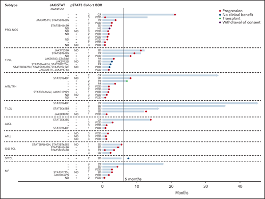 Swimmer’s plot for all evaluable patients treated with ruxolitinib. Each bar represents 1 subject in the study. Right arrow cap indicates ongoing treatment. ALCL included systemic ALK− ALCL (n = 3) and primary cutaneous ALCL (n = 1). G/D TCL included hepatosplenic T-cell lymphoma (n = 2), monomorphic epitheliotropic intestinal T-cell lymphoma (n = 1), and primary cutaneous γδ-TCL (n = 1). JAK/STAT Mutations: only JAK or STAT mutations listed. (−) indicates no JAK or STAT mutation present. Additional mutations identified by next generation sequencing (NGS) are provided in supplemental Table 1. pSTAT3: (+) is defined as ≥30% expression in tumor cells by immunohistochemical staining; (−) defined as <30% expression. ND indicates that NGS or IHC for pSTAT3 was not done. Cohorts: cohort 1 (JAK/STAT mutations present); cohort 2 (pSTAT3 ≥30% by IHC); cohort 3 (neither or ND). AITL/TFH, angioimmunoblastic T-cell lymphoma and other T-follicular helper lymphomas; ALK− ALCL, ALK− anaplastic large cell lymphoma; BOR, best overall response; POD, progression of disease.