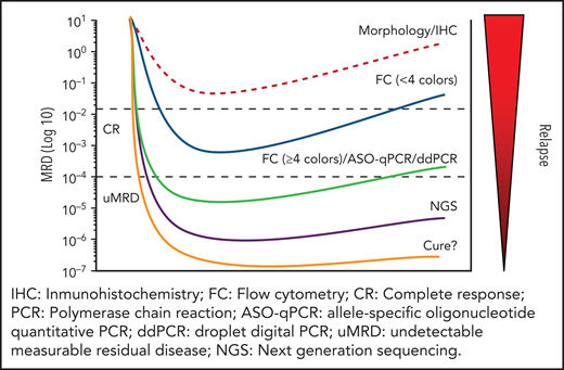 MRD levels, techniques for assessing MRD, and risk of relapse.