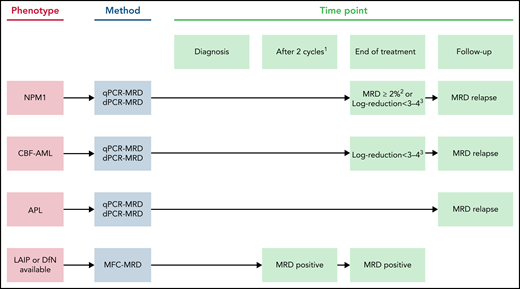 Time points at which MRD is considered a clinically relevant biomarker. The time points and MRD cutoffs are indicated at which an MRD result may influence the therapeutic decision for a given patient. For example, in a patient with AML carrying an NPM1 mutation, who is monitored by qPCR, MRD persistence at ≥2% NPM1 mutant copies/ABL1 copies at the end of chemotherapy may trigger the decision to consider allo-HCT for this patient. *After 2 cycles of chemotherapy (either 2 induction cycles or 1 induction and 1 consolidation cycle), which includes the time point before allo-HCT. **Percentage NPM1 mutant copies per ABL1 copies measured in BM. ***Log reduction of the ratio of target copies/ABL1 copies between the sample at diagnosis and the sample at end of treatment, measured in the same tissue (preferably BM).
