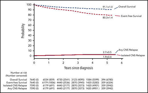 Outcomes of children with acute lymphoblastic leukemia, as assessed by Kaplan-Meier and Kalbfleisch and Prentice. The 5-year results are shown on the curves.