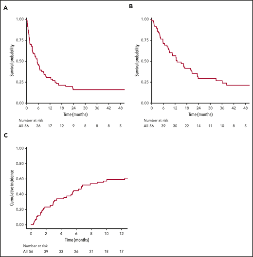 Survival outcomes and cumulative incidence of relapsed/refractory disease in 56 patients after CD19 CAR T-cell therapy. (A) EFS (3-year EFS, 16.1%; 95% CI, 8.8-29). (B) OS (3-year OS, 26.6%; 95% CI, 17-42). (C) Cumulative incidence of R/R disease (1-year cumulative incidence of R/R disease, 67.9%; 95% CI, 53.6-78.6).