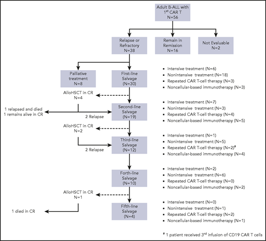 Distribution of treatment in patients who progressed after CAR T-cell therapy. Consort diagram illustrates the treatment sequence and distribution of salvage therapy in 38 patients who progressed after CD19 CAR T-cell therapy.
