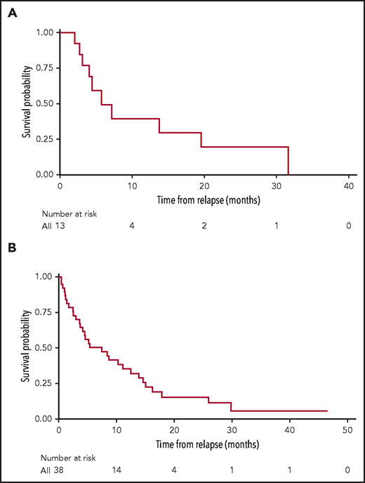 Survival outcomes in patients who progressed after CD19 CAR T-cell therapy. (A) EFS of patients who achieved CR to salvage treatments for post-CAR T disease progression. Median EFS was 4.5 months (2.1-32.1 months). (B) OS from post–CAR T progression of 38 patients who progressed after CD19 CAR T-cell therapy. Median OS was 7.5 months (95% CI, 4.2-13.9 months) with corresponding 1-year OS of 35% (95% CI, 23-56).