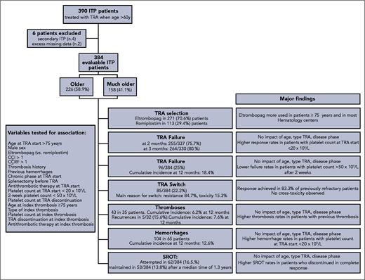 Study flowchart. Numbers of individuals at each stage of the study, main descriptive results, and list of factors tested for association with outcomes.