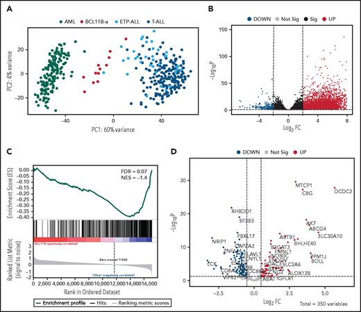 Distinct expression profile in BCL11B-a AL. (A) Scatter plot showing variance distribution of BCL11B-a AL, AML, ETP-ALL, and T-ALL cases emphasized by principal component analysis 1 (PC1). (B) Volcano plot showing the gene expression in BCL11B-a AL cases compared with AML, ETP-ALL, and T-ALL. Log2FC is plotted against the −Log10-adjusted P value. Black indicates genes with a significant FDR (≤0.05). Red and blue represent upregulated and downregulated differentially expressed genes, respectively (FDR ≤ 0.05, |Log2 FC| ≥2). Gray, nonsignificantly expressed genes. (C) Gene set enrichment analysis of BCL11B target genes in BCL11B-a AL cases vs other leukemic groups (AML, ETP-ALL, and T-ALL). (D) Volcano plot showing the distribution of 350 BCL11B targets in BCL11B-a AL cases compared with other leukemias. Log2FC is plotted against the −Log10-adjusted P value. Red and blue represent significant (FDR ≤0.05) upregulated and downregulated targets, respectively; NES, normalized enrichment score; FC, fold change.