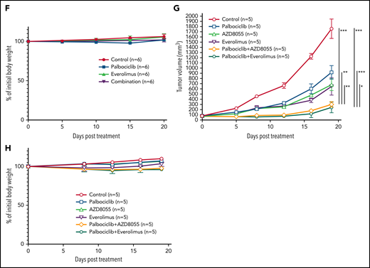 Combination with palbociclib and MTOR inhibitors is effective in patient samples in vitro and xenograft in vivo. (A-B) Viable primary ATLL cells were measured by the 3H-thymidine incorporation assay following treatment with palbociclib and everolimus (A) or AZD8055 (B) for 6 days. Count was normalized to DMSO-treated cells. (C-F) ATL43Tb(-) xenografts were treated with control, palbociclib (12.5 mg/kg body weight), everolimus (2.5 mg/kg body weight), or a combination of palbociclib and everolimus with same doses for 3 days per week for 3 weeks by intraperitoneal injection. (C) Representative IVIS imaging of the treated mice. (D) Quantification of tumor volumes obtained by bioluminescent signals using IVIS. (E) Tumor growth curves were obtained by caliper measurement in the tumor-bearing mice. (F) Normalized values of body weight of the treated mice. (G) Tumor growth curves measured by calipers in Su9T01 tumor-bearing mice. (H) Normalized body weight measurements of mice treated with indicated inhibitors in (G). Error bars represent the SEM of replicates (A-B,E-H). *P < .05, **P < .01, ***P < .001.