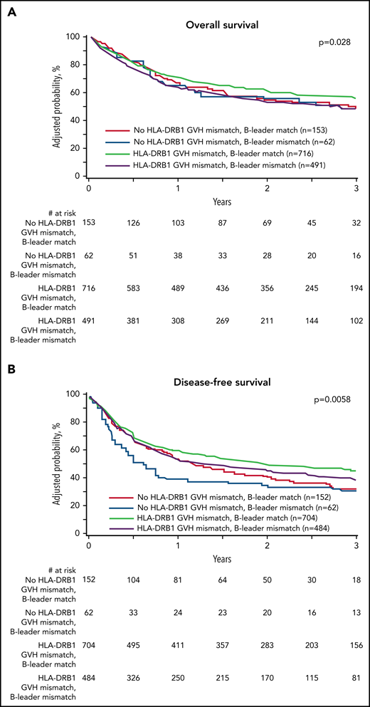 Effect of concurrent (mis)matching for the HLA-B leader and HLA-DRB1. (A) Overall survival. (B) Disease-free survival. (C) Relapse. (D) Transplant-related mortality. Probabilities are derived from multivariable models that adjusted for HLA-DPB1 mismatching. Survival model (A) was adjusted for comorbidities, disease type and status, recipient and donor age, recipient-donor cytomegalovirus match, time from diagnosis to transplant, HLA-DPB1, and stratified by graft type. Disease-free survival model (B) was adjusted for comorbidities, recipient age, recipient-donor cytomegalovirus match, donor relationship, and HLA-DPB1 and stratified by disease type and status. Relapse model (C) was adjusted for conditioning intensity and time from diagnosis to transplant and stratified by disease type and status. Transplant-related mortality model (D) was adjusted for comorbidities, conditioning intensity, disease type and status, recipient age, recipient-donor cytomegalovirus match, and recipient mean HLA-C surface expression.