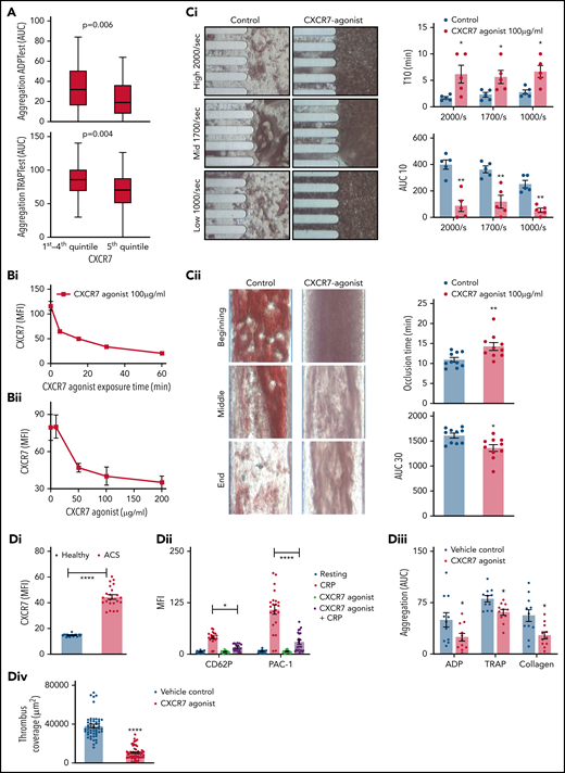 ACKR3/CXCR7 exerts antithrombotic effects. (A) Aggregation response to ADP (ADPTest, Roche) and TRAP-6 (TRAPTest, Roche) evaluated by impedance aggregometry in whole blood samples acquired in hirudinized tubes (Sarstedt) from CAD (n = 230; ACS, n = 142; CCS, n = 88) patients. P values using Mann-Whitney U test (line in box plots denote median). Flow cytometric detection of ACKR3/CXCR7 (mouse anti-human/mouse ACKR3/CXCR7-PE) internalization from the platelet surface following CXCR7 agonist treatment in a (Bi) time and (Bii) dose-dependent manner, gating for platelet-specific marker CD42b (anti-human CD42b-FITC) in whole blood. Data in the graphs are mean ± SEM from 4 healthy donors. T-TAS (Fujimori Kogyo Co Ltd, Shinjuku, Japan) data showing (Ci) thrombus coverage (AUC) and time to attainment of 10 kPa (T10) pressure over collagen (PL-chip) using 320 µL of hirudin anticoagulated blood and (Cii) thrombus coverage (AUC) and time to occlusion over collagen + tissue factor (AR-chip) using 450 µL of recalcified citrated human blood at arterial shear rates in presence/absence of CXCR7 agonist (100 µg/mL) or vehicle control incubated for 30 minutes at room temperature before perfusion. Data in the graphs are mean ± SEM from 5 experiments with healthy donors. *P < .05, **P < .01 using Mann-Whitney test. (Di) Surface expression of ACKR3/CXCR7 on platelets in n = 11 ACS patients as compared with healthy subjects (n = 11). Data in the graphs are mean ± SEM. **** P < .0001 using Mann-Whitney U test. Ex vivo whole blood functional assays performed with blood collected from ACS patients (n = 11) showing (Dii) surface expression of CD62P (anti-human CD62P-FITC) and PAC-1 (PAC-1–FITC) binding detected by flow cytometry gating for CD42b+-platelet (anti-human CD42b-PE) population; (Diii) aggregation response to ADP (ADPTest), TRAP-6(TRAPTest), and collagen(ColTest) in hirudinized blood; and (Div) thrombus formation over collagen coated (100 µg/mL) surface in parallel plate flow chamber assay in presence/absence of CXCR7 agonist (100 µg/mL)/vehicle control preincubated for 30 minutes at room temperature. *P < .05, **** P < .0001 using Mann-Whitney U test between 2 groups and ANOVA followed by Sidak’s multiple comparison test for >2 groups. Ex vivo analysis of murine platelet functions performed 1 hour after administration of CXCR7 agonist (100 µg/mL)/vehicle control (1% DMSO) showing (Ei) JON/A (JON/A-PE) response, (Eii) CD62P (anti-mouse CD62P-FITC) surface expression by whole blood flow cytometry gating for platelet-specific marker CD42b (anti-mouse CD42b-Dylight-649), and (Eiii-Eiv) thrombus coverage over collagen-coated surface (100 µg/mL) in ex vivo parallel plate flow chamber assay. Data in the graphs are mean ± SEM from 5 mice per group. CXCR7 agonist (100 µg per mouse) or vehicle control (1% DMSO) along with in vivo platelet-labeling antibody (GPIbβ-Dylight 488, 0.1 µg/gm by body weight) was administered IV 1 hour prior to surgical procedures to inflict carotid artery injury. Intravital microscopy (IVM) with NIS-Elements (Nikon) microscope was carried out using a 10x objective following carotid artery injury inflicted by application of a filter paper soaked in 15% FeCl3 for 1 minute. (Fi) Reduced thrombus formation (green fluorescence from platelets in circulation stained in vivo with GPIbβ-Dylight 488) and (Fii) time to vessel occlusion (*P = .034). Following IVM analysis, blood was collected to perform further ex vivo analysis of platelet functions. Flow cytometric detection of (Fiii) JON/A response, (Fiv) platelet (anti-mouse GPIbβ-Dylight 488) aggregate formation with leukocytes (anti-mouse CD45-APC), lymphocytes (anti-mouse CD3-APC), monocytes, and neutrophils (anti-mouse Ly6C-APC, anti-mouse Ly6G-PE, anti-mouse CD11b-APC) following carotid artery injury in CXCR7 agonist/vehicle control–administered mice. In panels Ei through Fiii, *P < .05, **P < .01, ***P < .001 using an unpaired Student t test with Welch’s correction; in panel Fiv, *P < .05, ****P < .0001 using Mann-Whitney U test for each surface marker. Data in the graphs are mean ± SEM from 14 mice per group. AUC, area under the curve; APC, apocyanin; DMSO, dimethyl sulfoxide; FITC, fluorescein isothiocyanate.