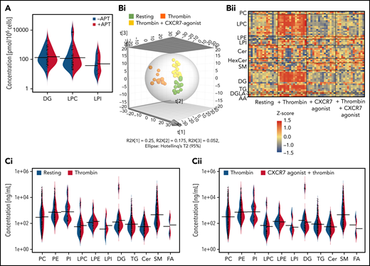 Effect of antiplatelet therapy in clinical practice and ex vivo CXCR7 agonist treatment on the platelet lipidome of CAD patients. Data are derived from untargeted lipidomics analysis of platelets. The asymmetric beanplot in (A) is derived from data on the basal platelet lipidome of CAD (n = 107, Table 3) patients. It represents the distribution of the concentration levels of individual lipid species within each of the lipid classes DG, LPC, and LPI among CAD patients treated with antiplatelet therapy (APT) (n = 46) and those without APT (n = 61). Smaller lines indicate concentration levels of individual lipid species within a group; the larger lines mark the average concentration of all detected lipid species within each class and group. (Bi-Diii) Lipidomics analysis of platelets from n = 15 CAD patients (Table 2) in their resting status and after thrombin (0.1 U/mL)-induced activation for 15 minutes at room temperature in presence/absence of ex vivo pretreatment with CXCR7 agonist (100 µg/mL) or vehicle control (1% DMSO) for 30 minutes at room temperature. Lipid concentrations were scaled for each donor by a z-score calculation. The 3D representation of a PLS-DA model in panel Bi shows clear clustering of platelet samples in accordance with their resting status, thrombin-induced activation, and thrombin plus CXCR7 agonist treatment conditions (six components with R2X(cum) = 0.566, R2Y(cum) = 0.971, and Q2(cum) = 0.780). The heat map in panel Bii is based on lipids with a variable importance in projection (VIP) score (which is a measure of a variable’s importance in the PLS-DA model) >1.5 in the PLS-DA model further illustrates alterations in the lipidome, especially in thrombin-activated platelets. (C) Asymmetric beanplots indicate changes in the platelet lipidome for the different lipid classes phosphatidylcholine (PC), phosphatidylethanolamine (PE), phosphatidylinositol (PI), LPC, lysophosphatidylethanolamine (LPE), LPI, DG, triacylglycerol (TG), ceramides (Cer), sphingomyelin (SM), and fatty acids (FA), either comparing (Ci) resting vs thrombin-activated platelets or (Cii) thrombin-activated vs thrombin plus CXCR7 agonist–treated platelets (small lines denote individual lipid species and larger markings denote average concentration per lipid class and group). (Di-Dii) Boxplots depict changing concentration levels of significantly altered lipids in thrombin vs thrombin plus CXCR7 agonist–treated platelets (nonparametric paired Wilcoxon signed rank test with FDR correction, significance level: q-value < 0.05), which belong to the DG and LPC lipid classes. (Diii) The boxplots of 4 LPI species (showing a trend of reduced generation in the presence of CXCR7 agonist as compared with thrombin alone, without reaching statistical significance). All lipid concentrations were determined by relative quantification using class-specific isotope labeled internal standard (ILIS) related to 100 µL lipid extract from 3 × 108 platelets. DMSO, dimethyl sulfoxide; PLS-DA, partial least square-discriminant analysis.
