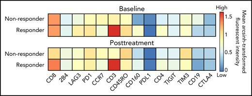 Heatmap of surface marker expression of T cells in nonresponders and responders. Hyperbolic arcsin transformed fluorochrome expression for 14 markers were averaged for baseline samples taken from nonresponders (n = 3) and responders (n = 10), and posttreatment samples from nonresponders (n = 4) and responders (n = 11).