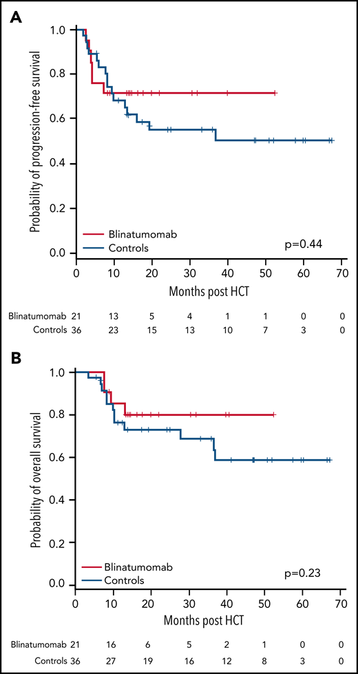 Comparison of PFS and OS between patients treated with blinatumomab maintenance and no posttransplant maintenance (matched-case cohort). At 1 year, the rates of PFS for the blinatumomab vs the control group were 71% vs 68%, P = .44 (A), and the rates for OS for the blinatumomab vs the control group were 85% vs 76%, P = .23 (B).