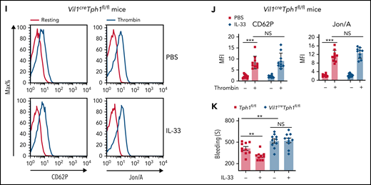 IL-33 rapidly enhances platelet function for hemostasis. (A-F) Indicated mice were injected with PBS or IL-33. Platelet activities were assessed by flow cytometry 10 minutes after injection. Representative histograms of fluorescence intensity and quantification of geometric mean fluorescence intensity of CD62P and Jon/A for platelets treated with or without thrombin from WT (A-B), Vil1creIl33fl/fl (C-D), and ChgacreERIl1rl1fl/fl (E-F) mice. (G-H) Il33fl/fl and Vil1creIl33fl/fl (G) Il1rl1fl/fl and ChgacreERIl1rl1fl/fl (H) mice were injected with PBS or IL-33. Time to cessation of bleeding in response to tail injury was assessed 10 minutes after injection. (I) Representative histograms of fluorescence intensity of CD62P and Jon/A for platelets treated with or without thrombin between Tph1fl/fl and Vil1creTph1fl/fl mice. (J) Quantification of geometric mean fluorescence intensity in panel I. (K) Tph1fl/fl and Vil1creTph1fl/fl mice were injected with PBS or IL-33. Time to cessation of bleeding in response to tail injury was assessed 10 minutes after injection. Data are representative of 2 independent experiments (A,C,E,I) or are pooled from 2 independent experiments (B,D, F-H, J-K). *P < .05, **P < .01, ***P < .001 by Student t test. Error bars represent standard deviation. NS, not statistically significant.