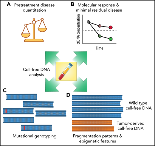 Multiple dimensions of cell-free DNA in lymphomas. The study from Meriranta et al examines multiple aspects of cell-free DNA in large B-cell lymphomas, including pretreatment disease quantification (A), molecular response assessment (B), mutational genotyping (C), and DNA fragmentation patterns (D). Each feature of cell-free DNA molecules has potential for translation into the clinic as a prognostic biomarker.