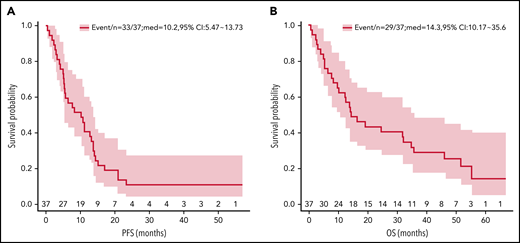 Kaplan-Meier PFS and OS estimates. The survival analysis included 37 patients with evaluable disease. Median PFS was 10.2 months (95% CI 5.5-13.7 mo) (A); median OS was 14.3 months (95% CI 10.2-35.6) (B).