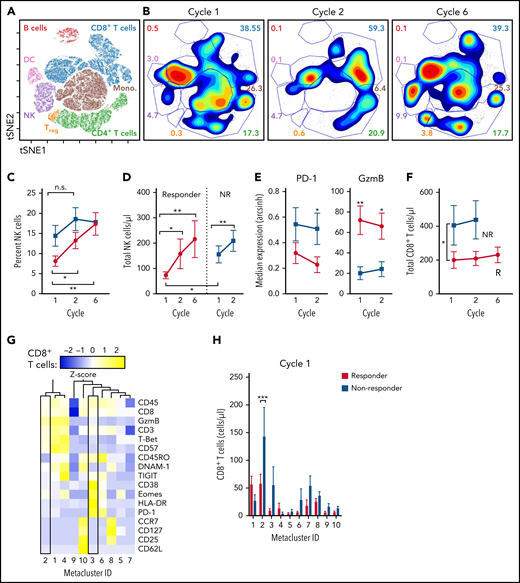 Mass cytometry defines differences in lymphocyte populations between responders and nonresponders, before treatment. Patient PBMC samples were assessed before cycles 1, 2, and 6 by mass cytometry. Using viSNE analysis, CD45+ cells were clustered and lymphocyte populations defined by lineage-marker–informed manual gating. (A) Representative viSNE plot depicting the major lymphocyte populations identified. (B) Representative density plot of 1 patient, over time. Numbers indicate the frequency of cells within the gate. (C) Summary data showing the frequency of NK cells between responders (R, n = 20; red) and nonresponders (NR, n = 13; blue). (D) Summary of total NK cells as determined by ALC and percentage of NK cells. (E) Summary expression of PD-1 and GzmB on NK cells from R (red) vs NR (blue). (F) Summary data of total CD8+ T cells from R (red) vs NR (blue). (G-H) FlowSOM was performed on CD8+ CD3+ T cells; 10 metaclusters were identified. (G) Heat map depicting the relative expression of the markers used to generate the FlowSOM clusters. Metaclusters 2 and 3 are within boxes. (H) Total CD8+ T cells within each Metacluster from R (red) vs NR (blue) at cycle 1. Data were compared in a type 3 mixed-effects model (C-F) or by 2-way analysis of variance (H). *P ≤ .05; **P ≤ .01; ***P ≤ .001. n.s. not significant.