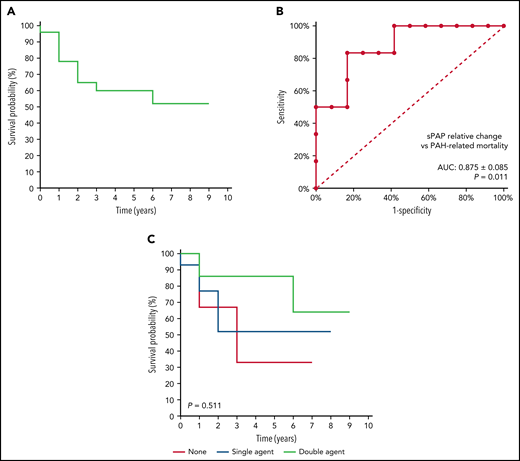 PAH-related mortality in patients with confirmed PAH. (A) Kaplan-Meier survival curve for PAH-related mortality. (B) Receiver operating characteristic curve for relative change in sPAP as a predictor of PAH-related mortality. (C) Kaplan-Meier survival curve for PAH-related mortality by receipt of PAH-related therapy. AUC, area under the curve.