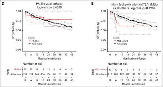 OS by cytogenetic risk category and individual high-risk lesion. (A) OS by cytogenetic risk category, defined as the time from infusion to date of death from any cause. (B) OS for KMT2A rearrangement compared with all others. (C) OS for Ph+ stratum compared with all others. (D) OS for Ph-like stratum compared with all others. (E) OS for infant leukemia with KMT2A rearrangement compared with all others.