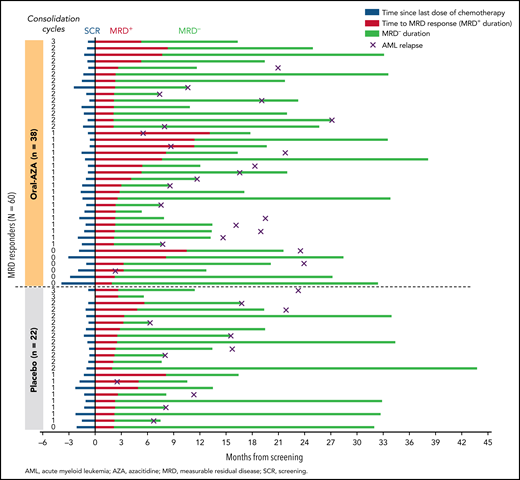 MRD responders: time between last dose of chemotherapy and screening, time to confirmed MRD negativity (ie, MRD+ duration), duration of MRD negativity, and time of confirmed relapse. Patients are sorted by randomized treatment arm and then in descending order by number of consolidation cycles. Some patients may have relapsed after discontinuing from the study (relapse date unknown).