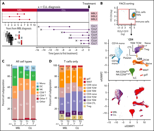 scRNA-seq analysis of immune cells from nonprogressive MBL patients and CLL patients. (A) PBMCs from 2 serial samples were collected for 3 patients with MBL and 7 with CLL. (B) Non-CD19+CD5+ cells were isolated by fluorescence-activated cell sorting. UMAP visualization of all immune cells colored by immune cell type (top) and CLL or MBL assignment (bottom). (C) Proportion of immune cell types per time point in patients with MBL or CLL. (D) Proportion of T-cell types per time point in patients with MBL or CLL. Cell percentages were calculated after the number of cell from all samples. CTL, cytotoxic T lymphocyte; DC, dendritic cell; gdT, γ-δ T (cells); ILC, innate lymphoid cell; MAIT, mucosa-associated invariant T (cells); Mono, monocyte; NK, natural killer (cell); pDC, plasmacytoid dendritic cell; T, T cell; TCM, central memory T (cell); TEM, effector memory T (cell); Treg, regulatory T (cells).