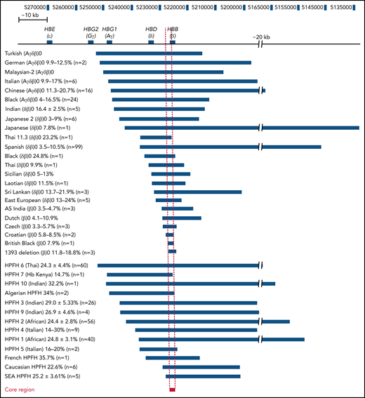 Comparison of the breakpoints of naturally occurring deletions associated with HBG upregulation. Naturally occurring deletions in both thalassemic and HPFH individuals with upregulated HbF levels are shown in relation to their location in the β-globin locus (numbers represent the human chromosome 11 coordinates from the hg38 genome assembly). The name and deletion type are indicated on the left, and the deletion associated with each condition is indicated by the blue bars. The percentage of HbF detected in patients with each condition who are heterozygous for the respective deletion is provided next to the condition name as well as the number of patients that this data were derived from. The core region has been indicated by a red bar with a dashed line indicating the corresponding region in all other deletions and the β-globin locus, which we have defined as the ∼1100 bp region between the 5′ end of the 1393 deletion and the 3′ end of the Croatian deletion (hg38 chromosome 11 coordinates 5 226 452 to 5 227 556). SEA, South East Asian.