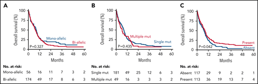 Overall survival of molecular characteristics in mutant TP53 AML/MDS-EB (n = 230). Overall survival of TP53 mutant allelic status (mono-allelic versus bi-allelic) (A), the number of TP53 mutations (B), and the presence or absence of concurrent mutations (C).