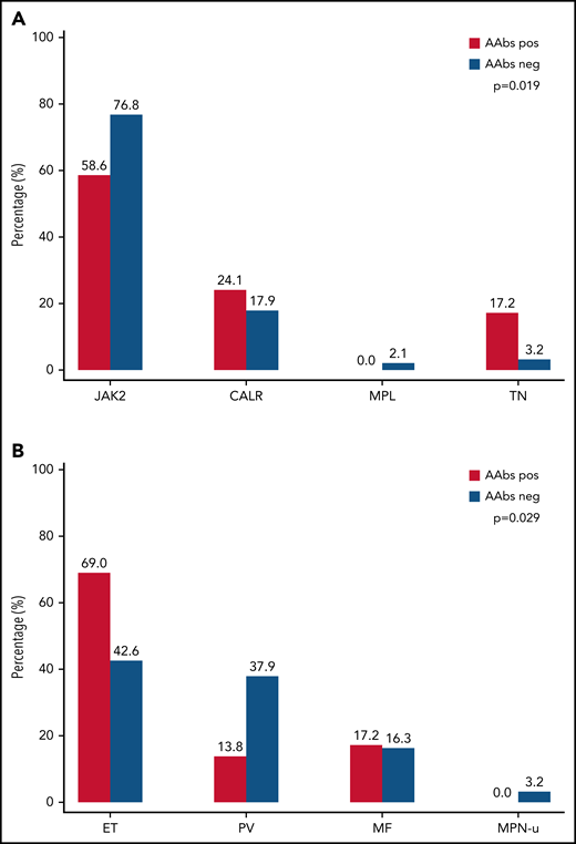 Prevalence of AAbs against type I IFN in the MPN cohort according to MPN driver mutation and MPN subtype. (A) AAbs were present in 17 of 163 (58.6%) patients with JAK2 mutation, 7 of 41 (24.1%) patients with CALR mutation, 0 of 4 (0%) patients with MPL mutation, and 5 of 11 (17.2%) patients who were triple negative. Significant difference was observed in terms of driver mutations (P = .019). Comparing mutational subgroups by pairs, the only significant difference was observed between the percentage of AAbs in patients who were triple negative and that observed in patients with JAK2 mutation (45.5% vs 10.4%; P = .036). (B) AAbs were present in 20 of 101 (69%) patients with essential thrombocythemia (ET), 4 of 76 (13.8%) patients with polycythemia vera (PV), 5 of 36 (17.2%) patients with primary myelofibrosis (MF), and 0 of 6 (0%) patients with myeloproliferative unclassifiable (MPN-u). A significant difference was observed in terms of distribution of MPN diagnosis (P = .029).