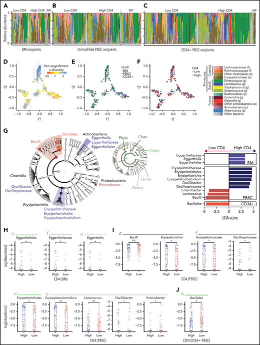 Several microbial taxa are associated with immune reconstitution after allo-HCT in a univariate analysis. (A-C) Composition plots of recipients of BM (A), unmodified PBSC (B), and CD34+ PBSC (C), grafts (a single sample is included per patient). (D-F) tSNE visualization of periengraftment sample color coded by α-diversity of the sample color coded by graft type (E), and color coded by day 100 CD4 count above- or below-median (F). Median per graft type: 115 cells per microliter for BM (33 patients with high and 33 with low CD4 recovery), 220 cells per microliter for PBSCs (102 patients with high and 102 with low CD4 recovery), and 60 cells per microliter for CD34+ PBSCs (157 patients with high and 153 with low CD4 recovery). (G) LEfSe analysis of compositional differences in patients receiving each graft type. CD4 recovery is defined as in panel F. (H-J) Relative abundance of taxa identified by using LEfSe analysis as seen in panel G. NF, no flow data available; LDA, linear discriminant analysis.