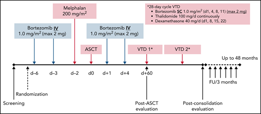 Bor-HDM conditioning regimen schema. d, day; FU, follow-up; max, maximum; IV, intravenously; SC, subcutaneously.