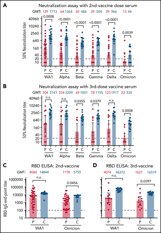 Neutralization and antibody binding of postvaccination serum against SARS-CoV-2 WA1/2020 strain and variants of concern. Neutralization assays were performed with the use of pseudoviruses expressing the SARS-CoV-2 spike proteins of the WA1/2020 vaccine strain or the Alpha, Beta, Gamma, Delta, and Omicron variants. (A) Serum samples following 2 doses of SARS-CoV-2 mRNA vaccination were obtained from 38 patients with AML/MDS (P; in red) or 16 healthy controls (C; in blue). (B) Vaccination samples from after the third vaccination were obtained from 11 patients with AML/MDS and 16 healthy controls. The heights of the bars and the numbers over the bars indicate the GMTs; the whiskers indicate 95% confidence intervals and are color-coded. The assay of each serum sample was performed in duplicate. Each data point represents an individual sample (circles) and indicates the 50% neutralization titer obtained with each sample against the corresponding pseudovirus. The horizontal dashed line indicates the limit of detection for the neutralization assay (PsVNA50 of 20). The raw data and information regarding the serum samples from vaccinated participant (sex, age, vaccine type, and samples collected postvaccination and 50% neutralization titers against various SARS-CoV-2 strains) are summarized in supplemental Table 2. Differences between SARS-CoV-2 strains were analyzed by lme4 and emmeans packages in R using Tukey pairwise multiple comparison test and the P values are shown. (C,D) SARS-CoV-2 RBD-binding IgG to vaccine-homologous WA1/2020 and Omicron variant in serum samples following 2 doses of SARS-CoV-2 mRNA vaccination (C) from 38 patients with AML/MDS (P; in red) and 16 healthy controls (C; in blue) or following 3 doses of vaccination (D) from 11 patients with AML/MDS (P; in red) and 16 healthy controls (C; in blue). Each serum sample was evaluated in IgG-ELISA in duplicate to determine the RBD-binding IgG end-point titer against RBD of either WA1/2020 or the Omicron variant. The height of bars and numbers over the bars indicate the IgG GMTs, and the whiskers indicate 95% confidence intervals. The horizontal dashed line indicates the limit of detection for IgG ELISA (1:100). Statistical differences between patients and controls were analyzed by lme4 and emmeans packages in R using Tukey pairwise multiple comparison test and the P values are shown. ELISA, enzyme-linked immunosorbent assay.