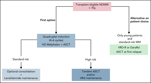 How I treat transplantation-eligible NDMM outside clinical trials. Standard or high risk can be defined at diagnosis by cytogenetic analysis and/or during treatment according to depth of response (MRD evaluation).