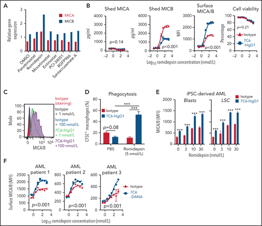 An HDAC 1 and 2-specific inhibitor, romidepsin, synergizes with 7C6 to increase the surface MICA/B expression levels. (A) Romidepsin increases MICB mRNA expression. NB4 cells were treated for 24 hours with 10 nmol/L of the indicated inhibitors or equal volume of dimethyl dioxide. Subsequently, mRNA was extracted, cDNA was synthetized, and PCR was performed with primers specific for the indicated genes plus GAPDH. Analyses were performed via electrophoresis and ImageJ software with GAPDH normalization. (B-C) Romidepsin increases MICB expression for stabilization of the surface protein by 7C6. NB4 cells were treated for 24 hours with 20 μg/mL of the indicated antibodies plus the indicated concentrations of romidepsin. Subsequently, soluble MICA/B shed into culture supernatants were analyzed by sandwich ELISA kits specific for either MICA or MICB. Surface MICA/B and cellular viability were analyzed by flow cytometry upon labeling of cells with 6D4 and Zombie Yellow, respectively. (D) Romidepsin + 7C6 treatment of leukemia cells enhances phagocytosis. NB4 cells were treated for 24 hours with romidepsin or equal volume of phosphate-buffered saline + 20 μg/mL of the indicated antibodies, and subsequently labeled with CFSE. Monocyte-derived macrophages from healthy donors were cocultured for 1 hour with the treated NB4 cells, and phagocytosis was analyzed by flow cytometry via identification of CD14+ CFSE+ macrophages. (E) Romidepsin and 7C6 increase the surface MICA/B expression levels in iPSC-derived AML blasts and LSC. The indicated cells were treated for 24 hours with the indicated concentrations of romidepsin plus 20 μg/mL of the indicated antibodies, and surface MICA/B was analyzed by flow cytometry. (F) Effects of romidepsin and 7C6 in CD45+ CD33+ CD34+ primary cells from de novo AML patients. Peripheral blood mononuclear cells from patients with AML were treated for 24 hours with the indicated doses of romidepsin plus 20 μg/mL of the indicated antibodies. Subsequently, the surface MICA/B levels were analyzed by flow cytometry with antibody panel (CD45, CD33, CD34, and MICA/B) plus Zombie Yellow. Romidepsin and 7C6 increase the surface MICA/B expression levels in AML patient-derived cells. Data are representative of (A-B,D-E) 3 independent experiments, and are (B,D-F) mean ± SD of triplicates, except for panel E LSC 0 nmol/L romidepsin isotype that are duplicates. The P values were calculated with 2-way ANOVA. ***P < .001 (calculated with Bonferroni’s post hoc test).