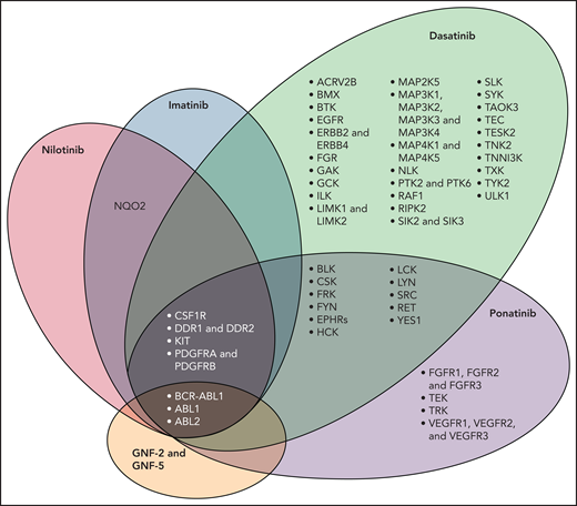 Molecular domain structures of ABL1 family kinases.23 Specificity of selected ABL tyrosine kinase inhibitors is shown. The kinase selectivity profiles for imatinib, nilotinib, and dasatinib were generated on the basis of binding of cellular kinases to inhibitors immobilized on solid support matrices; ponatinib sensitive kinases were identified by in vitro kinase assays; shown are targets with half maximal inhibitory concentration values less than 20 nM. Abbreviations: AVR2B, activin receptor type 2B; BLK, B lymphoid tyrosine kinase, CSF1R, macrophage colony stimulating factor 1 receptor; EGFR, epidermal growth factor receptor; EPHRs, ephrin receptors; FGFR, fibroblast growth factor receptor; FRK, fyn-related kinase; GAK, cyclin-G-associated kinase; GCK, glucokinase; ILK, integrin-linked protein kinase; LIMK, Lim domain kinase; NLK, nemo-like kinase; NQO2, NAD(p)H dehydrogenase, quinone 2; PDGFR, platelet-derived growth factor receptor; PTK, protein tyrosine kinase; RIPK2, receptor-interacting serine/threonine-protein kinase 2; SIK, salt-inducible kinase; SLK, STE20-like serine/threonine-protein kinase; TAOK3, TAO kinase 3; TESK2, dual specificity testis-specific protein kinase 2; VEGFR, vascular endothelial growth factor receptor. (Used with permission.)
