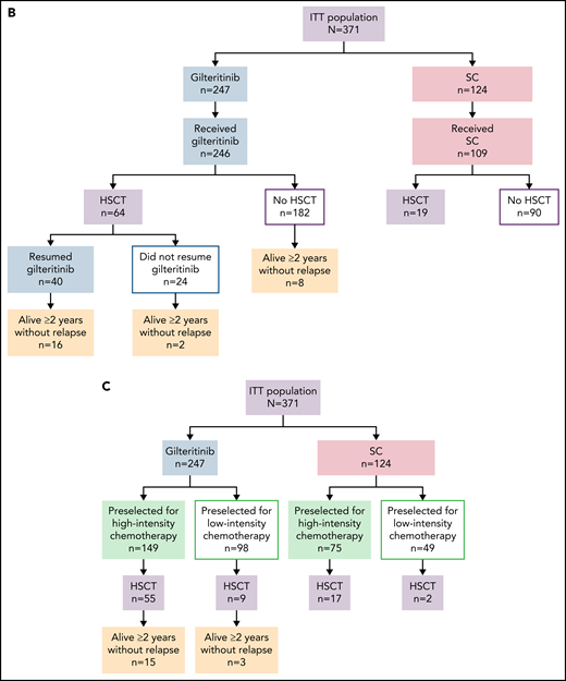 Patient disposition. (A) Disposition according to treatment received. (B) Disposition according to transplantation status: patients remaining alive for ≥2 years without relapse in the gilteritinib arm. (C) Disposition by preselected chemotherapy: patients remaining alive for ≥2 years without relapse in the gilteritinib arm. Due to limited follow-up of patients in the SC arm, data related to posttransplant relapse and survival were not available. ITT, intention-to-treat.