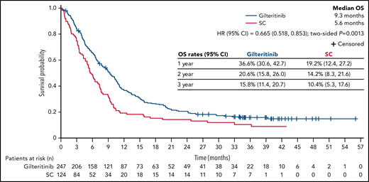OS in patients with R/R FLT3+ AML (intention-to-treat population).