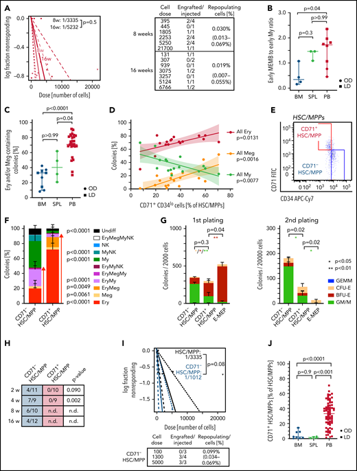 Multipotent repopulating HSCs/MPPs and quiescent CD71+ HSC-like cells with restricted erythroid/megakaryocyte differentiation potential coexist in steady-state PB. (A) Frequency of repopulating cells in PB HSCs/MPPs calculated by using Extreme Limiting Dilution Analysis73 statistics at 8 weeks (2 experiments, n = 17) and 16 weeks (2 experiments, n = 10) posttransplantation. The table indicates doses of cells injected and number of NSG mice with human cell engraftment in their BM (see Methods). (B) Ratio of early megakaryocyte/erythroid/mast cell/basophil (MEMB, sum cluster 2, 12) to early myeloid (My,sum cluster 6, 9) progenitors in all tissues. (C-D) Colonies derived from single phenotypic HSCs/MPPs from BM (n = 913 single cells from 7 samples), spleen (SPL; n = 234 single cells from 3 samples), and PB (n = 3 034 single cells; 27 independent PBs over 16 experiments) seeded into medium supporting Ery, Meg, lymphoid, and My differentiation (see Methods). (C) Frequency of colonies containing Ery and/or Meg cells for each tissue as assessed by flow cytometry. (D) Relationship between the percentage of all Ery-, Meg-, and My-containing colonies and the proportion of CD71+CD34lo cells within the phenotypic PB HSC/MPP pool. Linear regression and 95% confidence interval are indicated by solid line and shaded area, respectively. n = 17 PBs. (E) Representative pseudocolor plot for flow cytometry isolation of CD71– and CD71+ HSCs/MPPs in PB gated on phenotypic HSCs/MPPs (CD19–CD34+CD38–CD45RA– cells as defined in supplemental Figure 1D). (F) Percentage of colonies generated by CD71– (n = 872 single cells; 15 independent PBs) and CD71+ (n = 1 109 single cells; 18 independent PBs) HSCs/MPPs. P values comparing CD71– and CD71+ HSC/MPP colony output are shown. Two-tailed Mann-Whitney test. (G) Serial replating of PB CD71– or CD71+ HSCs/MPPs and CD71+ MEPs (E-MEPs) in methylcellulose medium. Colony numbers per indicated number of seeded cells after first (left) and secondary (right) plating are shown. n = 4 PBs over 3 experiments. Paired, 2-tailed t test. *P < .05, **P < .01. (H) Ratio of NSG mice engrafted to total mice tested at the indicated time points after transplantation of CD71– and CD71+ phenotypic PB HSCs/MPPs. P values comparing engraftment of CD71– and CD71+ HSCs/MPPs were determined by 2-tailed Fisher’s exact test and are shown below each time point. (I) Frequency of repopulating cells within all phenotypic PB HSCs/MPPs (same as Figure 6A) and CD71– HSCs/MPPs at 8 weeks after transplantation using Extreme Limiting Dilution Analysis statistics. (J) Percentage of CD71+ cells within the phenotypic HSC/MPP pool of BM (n = 8), SPL (n = 4), and PB (n = 65). One-way analysis of variance; Tukey’s multiple comparison. Data in panels B and C are given as median ± 95% confidence interval; Kruskal-Wallis and Dunn’s multiple comparison tests. Data in panels F, G, and J are given as mean ± standard deviation. BFU-E, burst forming unit erythroid; CFU-E, colony forming unit erythroid; GEMM, granulocyte, erythrocyte, monocyte, megakaryocyte; GM/M granulocyte monocyte/monocyte; LD; living donor; n.d., not determined; NK, natural killer; OD, organ donor; ns, not significant (P > .05); undiff, undifferentiated.