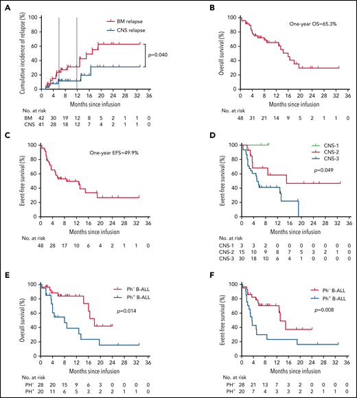 Long-term survival in patients with R/R B-ALL with CNSL after CAR T-cell therapy. (A) The cumulative incidence of BM relapse and CNS relapse in patients achieving remission in terms of BM (n = 42) or CNS (n = 41) disease. Event of interest was defined as any pattern of relapse occurring by the cutoff day, and nonrelapse mortality and subsequent allo-HSCT were considered competing risks. Patients who did not experience relapse at last follow-up were censored. (B-F) OS analysis (B) and EFS analysis (C); EFS analysis according to CNS status before CAR T-cell infusion (D); and OS analysis (E) and EFS analysis (F) according to Ph status. The probabilities of OS and EFS were estimated by means of the Kaplan-Meier method and were compared using the log-rank test.