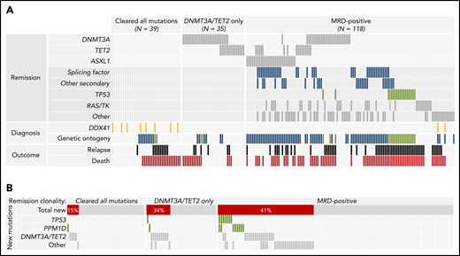 Clinical and genomic associations of molecular remission states. (A) Co-occurrence of nongenetic factors and specific persistent mutations for the 192 individuals in the remission cohort, grouped by type of molecular measurable residual disease (MRD). Patients who cleared all diagnostic mutations and patients with only persistent DNMT3A or TET2 mutations (together considered MRD negative) are in the left and middle respectively, and patients with other persistent mutations (MRD positive) are on the right. Remission DNMT3A, TET2, and ASXL1 mutations are shown at the top, with other classes of remission mutations shown next. Diagnostic genetic variables associated with molecular remission states are listed next, including DDX41 mutations (shown in gold) and molecular ontogeny (de novo in gray, secondary in blue, and TP53 in green). Patients who relapsed are shown in black and those who died are in red. (B) Distribution and co-occurrence of treatment-emergent mutations in patients with different patterns of molecular persistence. Patients who cleared all diagnostic mutations and patients with only persistent DNMT3A or TET2 mutations are in the left and middle, respectively, whereas patients with MRD-positive remissions are on the right.