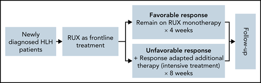 Treatment protocol stratified by the early responses of RUX. All enrolled patients received oral RUX as a frontline therapy, which was dosed depending on the body weight. Corticosteroid was permitted to continue if the patient was receiving it at screening and tapered gradually. Patients with a favorable response remained on RUX monotherapy for 4 weeks. Patients with an unfavorable response proceeded to intensive treatment with RUX and additional therapy. A favorable response was defined as achieving CR; an unfavorable response was defined as no response, disease improvement but not achieving PR, or disease progression at any time during frontline treatment.
