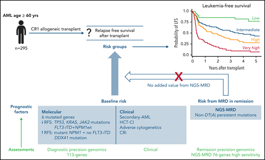 Overview of findings from Murdock et al. Cohort heterogeneity (from variation in treatments, timing of MRD samples, and transplantation regimens) may be limiting factors for their prognostic model and therefore for its applicability to other groups of older patients with AML and specific first-line therapies. CR1, first complete remission; CRi, CR with incomplete recovery; HCT-CI, hematopoietic cell transplantation comorbidity index; ITD, internal tandem duplication; non-DT(A), mutations other than DNMT3A, TET2, and ASXL1; wt, wild type.