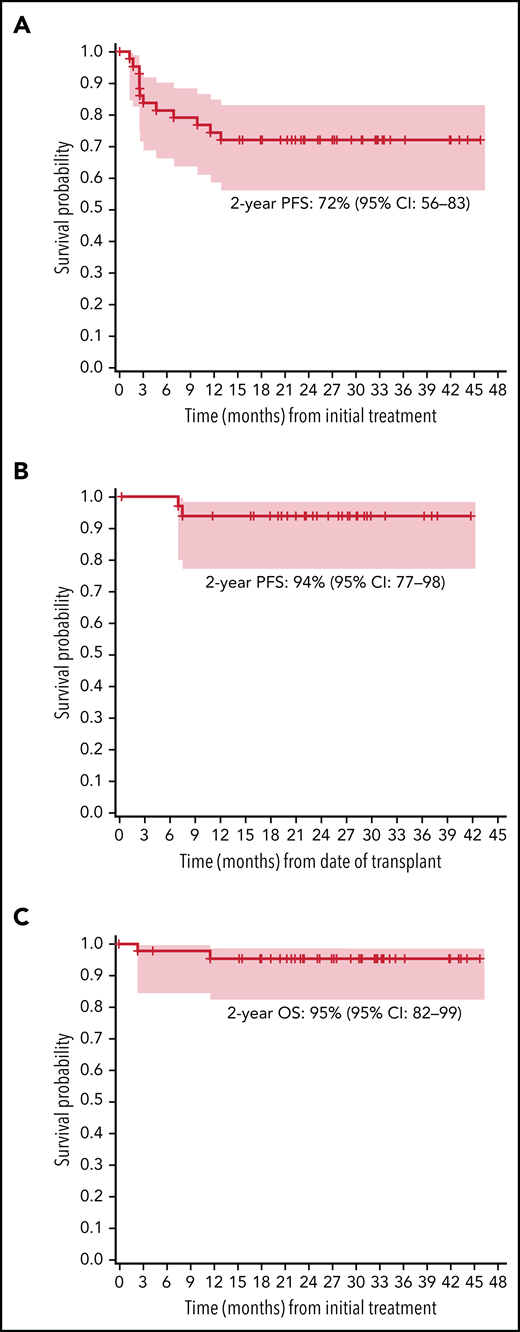Survival outcomes. (A) PFS in all treated patients, (B) PFS in patients who proceeded directly to AHCT after protocol therapy, and (C) OS in all treated patients.