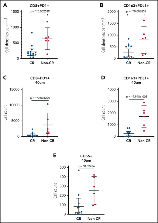 Spatial features of the TME associated with CR to second-line Nivo. (A) Density of CD8+PD-1+ T cells in CR vs non-CR patients. (B) Density of CD163+PD-L1+ macrophages in CR vs non-CR patients. (C) CD8+PD-1+ T cells within 40 μm of HRS cells in CR vs non-CR patients. (D) CD163+PD-L1+ macrophages within 40 μm of HRS cells in CR vs non-CR patients. (E) CD56+ NK cells within 40 μm of HRS cells in CR vs non-CR patients.
