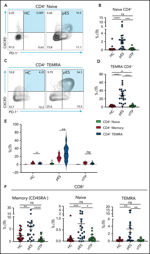 Increased cTfh percentage in naïve and TEMRA compartments of CD4+ T cells and cTfh-like cells in CD8+ T cells. (A) Flow cytometry plots showing expression of cTfh (CXCR5+PD-1+) on naïve CD4+ T cells in 1 HC and 1 patient with pES. (B) Percentage of cTfh cells in naïve CD4+ T cells in HCs (n = 24), patients with pES (n = 22), and patients with cITP (n = 22). (C) Flow cytometry plots showing expression of cTfh (CXCR5+PD-1+) on TEMRA CD4+ T cells in 1 HC and 1 patient with pES. (D) Percentage of cTfh cells in TEMRA CD4+ T cells in HCs (n = 24), patients with pES (n = 22), and patients with cITP (n = 22). (E) Violin plot showing percentage of cTfh in naïve, memory, and TEMRA compartments of CD4+ T cells in different patient groups. (F) Percentage of cTfh (CXCR5+PD-1+) gated on naïve, memory, and TEMRA CD8+ T cells in HCs (n = 24), patients with pES (n = 22), and patients with cITP (n = 22). Data represent mean ± SEM values for each group. Kruskal-Wallis 1-way ANOVA followed by Dunn’s multiple comparison test for nonnormally distributed samples and ordinary 1-way ANOVA followed by Tukey’s multiple comparison test for normally distributed samples were used for statistical comparison. *P < .05; **P < .01; ***P < .001; ****P < .0001; ns, not significant.