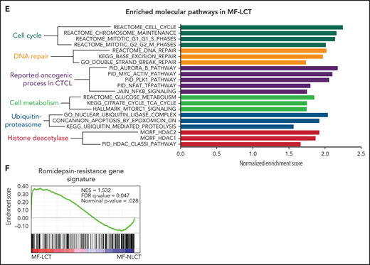Characteristic transcriptional profiles and enriched gene expression at 7q in MF-LCT. (A) Flowchart depicting the overall clinical samples and experimental design of this study. (B) Histopathological features of biopsied specimens from a tumor-stage MF-LCT and MF-NLCT patient. Hematoxylin and eosin staining. Original magnification ×400. Scale bar = 25 μm. (C) Kaplan-Meier survival analysis of OS and PFS from advanced-stage MF patients classified into MF-LCT and MF-NLCT group. *P < .0001, n = 85. (D) Heatmap of 26 MF-LCT and 23 MF-NLCT samples stratified by top 200 DEGs between MF-LCT and MF-NLCT group. (E) Representative enriched molecular pathways in MF-LCT group via GSEA of 49-patient transcriptional profiles (FDR q-value <0.25, Norminal P < .05). (F) GSEA enrichment plot for romidepsin-resistance gene signature, which consists of upregulated genes in romidepsin-resistant versus romidepsin-sensitive CTCL cases from GSE132053. (G) Heatmap of CNV events identified from InferCNV analysis of 49-patient RNA-seq data and chr7 locus marked with red frame. (H) Enriched positional gene sets in MF-LCT group ranked by normalized enrichment score (FDR q-value <0.25, nominal P < .05). Gene sets at regions of chr7 marked with red color.