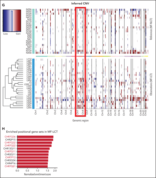 Characteristic transcriptional profiles and enriched gene expression at 7q in MF-LCT. (A) Flowchart depicting the overall clinical samples and experimental design of this study. (B) Histopathological features of biopsied specimens from a tumor-stage MF-LCT and MF-NLCT patient. Hematoxylin and eosin staining. Original magnification ×400. Scale bar = 25 μm. (C) Kaplan-Meier survival analysis of OS and PFS from advanced-stage MF patients classified into MF-LCT and MF-NLCT group. *P < .0001, n = 85. (D) Heatmap of 26 MF-LCT and 23 MF-NLCT samples stratified by top 200 DEGs between MF-LCT and MF-NLCT group. (E) Representative enriched molecular pathways in MF-LCT group via GSEA of 49-patient transcriptional profiles (FDR q-value <0.25, Norminal P < .05). (F) GSEA enrichment plot for romidepsin-resistance gene signature, which consists of upregulated genes in romidepsin-resistant versus romidepsin-sensitive CTCL cases from GSE132053. (G) Heatmap of CNV events identified from InferCNV analysis of 49-patient RNA-seq data and chr7 locus marked with red frame. (H) Enriched positional gene sets in MF-LCT group ranked by normalized enrichment score (FDR q-value <0.25, nominal P < .05). Gene sets at regions of chr7 marked with red color.