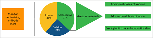 Potential strategies to improve vaccination efficacy in CLL. Even following 3 doses of mRNA vaccine, up to 37% of patients remain seronegative. Current areas of research include adding additional “booster” doses of vaccine and “mix and match” of different vaccine types. As well, long-acting monoclonal antibodies are a potential strategy for those who are unable to mount a vaccine response.