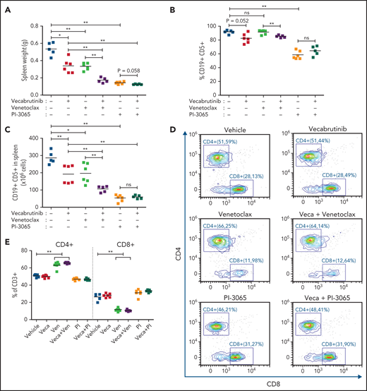 Efficacy of combination treatment with vecabrutinib and PI3K-δ inhibitor (PI-3065) or venetoclax in vivo. Syngeneic recipient mice were transplanted with 10 million Eµ-TCL1 tumor cells through tail vein injection. After engraftment for 14 days, mice were randomized to treatment with vehicle (n = 5), vecabrutinib (n = 6), PI-3065 (n = 6), venetoclax (n = 6), vecabrutinib with venetoclax (n = 5), or vecabrutinib with PI-3065 (n = 5) for 10 days. Comparison of tumor burden, as measured by spleen weights (A), percentage of CD19+CD5+ tumor cells in spleen (B), and absolute CD19+CD5+ cell count per spleen (C). (D) Representative flow cytometry plots for CD8+ and CD4+ T cells in the different treatment groups. (E) Comparison of percentage of CD4+ and CD8+ T-cell populations between the single and combination treatment subgroups. Changes in percentage of effector (CD8+CD127lowCD44int-hi), memory (CD8+CD44+CD127+), naive (CD8+CD44−CD127+) T-cell populations (F) and Tregs (CD4+ CD25+ FOXP3+) (G) upon single and combination treatment using vecabrutinib with PI3K-δ and BCL2 inhibitors. One animal each from the vehicle and the 2 combination treatment groups was excluded from the study because of low tumor engraftment resulting from technical error in IV injection. (H) Syngeneic recipient mice were transplanted with 7 million Eµ-TCL1 tumor cells through tail vein injection and monitored for engraftment. Treatment with vehicle (n = 5), vecabrutinib (n = 5), venetoclax (n = 5) or the combination of vecabrutinib and venetoclax (n = 4) was initiated on day 14 after reaching 10% tumor load (CD19+CD5+) in peripheral blood and continued until reaching a humane end point for euthanization (described in “Materials and methods”). One animal that died during the treatment procedure in the combination treatment group on day 31 with a very small spleen (0.17 g) was excluded from analysis. *P ≤ .05, **P ≤ .01, Mann-Whitney U test (A-C,E-G), log-rank (Mantel-Cox) test (H). ns, not significant (P > .05); Veca, vecabrutinib; Ven, venetoclax.
